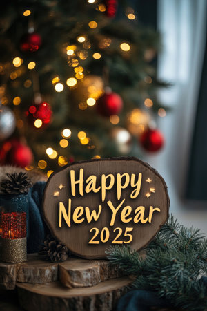 A colorful scene with christmas decorations, sign with festive decor on wooden surface and glowing lights. Happy New Year 2025の素材