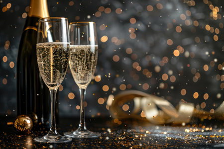 Two elegant champagne flutes sit amidst festive decorations and twinkling lights, creating a magical celebration. Happy New Yearの素材