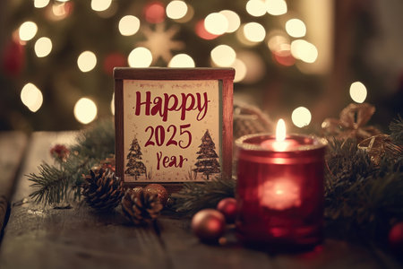 Wooden frame with sign Happy New Year 2025 with christmas decorations on a bokeh backgroundの素材