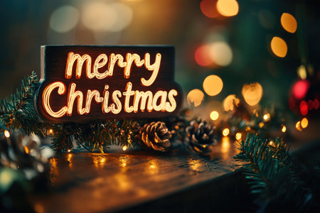 Sign with beautiful festive inscription "Merry Christmas" on wooden background with fir branches, pine cones and amazing bokeh lights for celebrationの素材