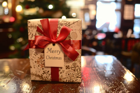Beautifully wrapped Christmas gift on old beautiful wooden table in cozy homeの素材