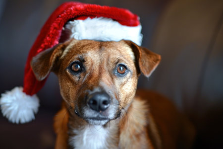 A charming dog wearing a festive Christmas hat on a grey background. Merry christmas themeの素材