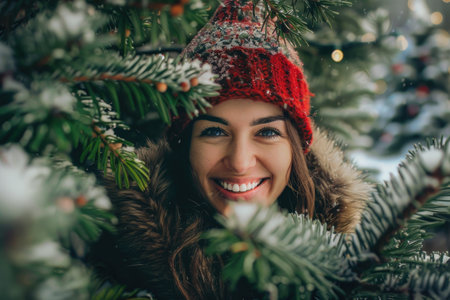 A Joyful Woman Smiling Brightly Among Beautiful Winter Pine Trees in a Serene Settingの素材