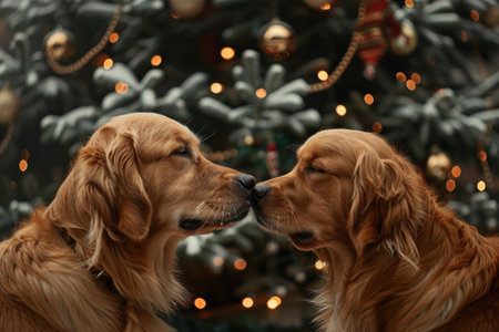Two golden retrievers touching noses against the snowy christmas tree with lights background, scene of joy and loveの素材