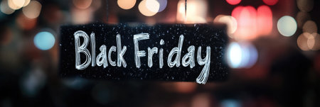 Black Friday text written on black background with delightful bokeh lights. Banner for seasonal sale in November in storeの素材