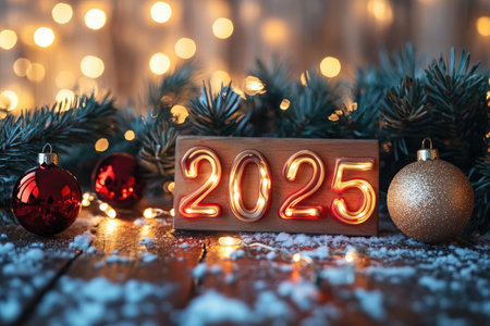 A colorful festive decor for Happy New Year 2025 celebration with christmas decorations and glowing lightsの素材