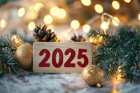 A colorful festive setup showcasing Happy New Year 2025 with vibrant Christmas ornaments and lush greenery all aroundの素材