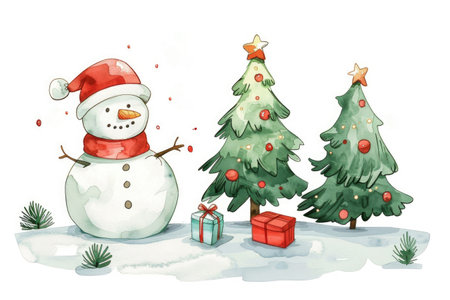 A festive illustration featuring a cartoon snowman, Christmas trees, and colorful gifts in a snowy landscape on white backgroundの素材