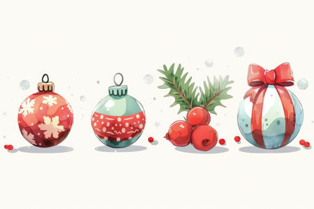 Cartoon Christmas balls and holly leaves and berries on white backgroundの素材