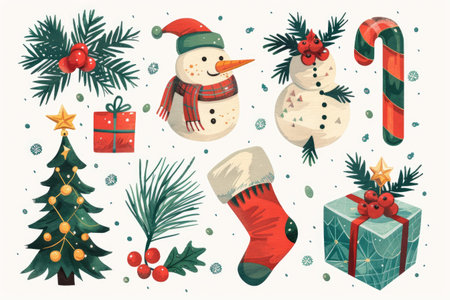 A festive collection of joyful Christmas illustrations featuring cheerful snowmen, decorated trees, and gifts isolated on white backgroundの素材