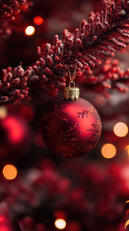 New Year banner with Christmas tree decorated with ball on red bokeh lights background with space for textの素材