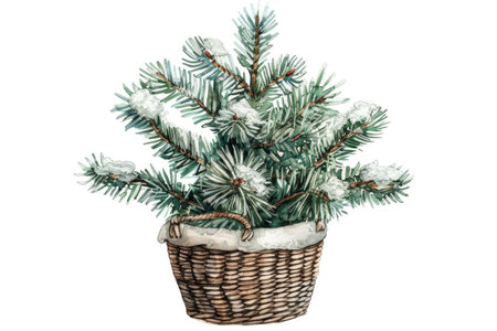 A cartoon crafted basket filled with fresh evergreen branches for holiday decorations and festive cheer isolated on white background. New Year and Merry Christmas themeの素材