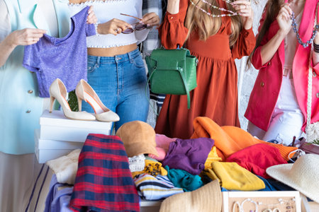 Young women choose things at flea market. Casual clothes, shoes, hats, bags, jewellery. Idea of...