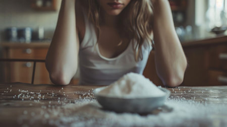A young woman sitting at the table in the kitchen, pondering food choices and the health impact of sugar cubes, healthy eating themeの素材