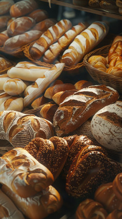 Freshly baked bread displayed on rustic shelves in a welcoming bakery, creating a warm and inviting atmosphereの素材