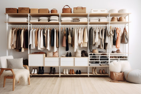 A beautifully organized wardrobe that showcases a minimalistic design with a range of soothing neutral colorsの素材