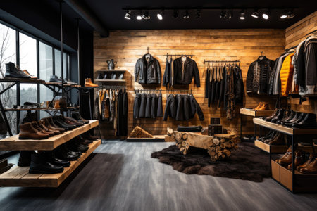A chic retail interior design showcases contemporary fashion and footwear in a beautifully stylish settingの素材