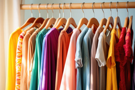 Wooden hangers with clothes on the rail in the store with womens clothing for sale. Shirt, dress, jacket, blouse. Flea market, second hand, discount, exchange, donationの素材