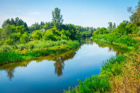 Sunny day on the quiet river in summer in Ukraineの写真素材