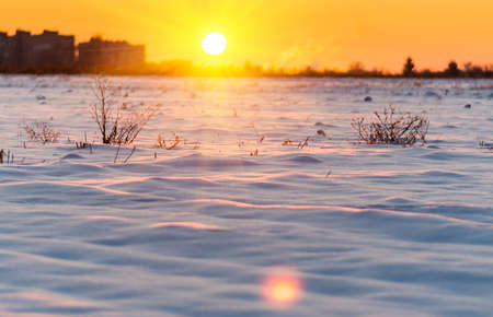 Snow during the sunset on a rural field near the townの写真素材