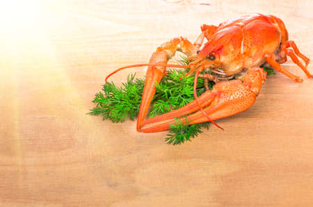 boiled crayfish with herbs on a wooden table