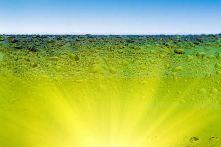 Drops of water on a glass green bottleの写真素材