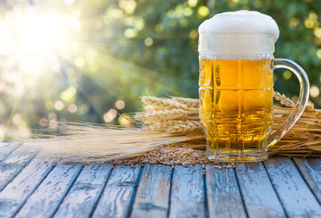 beer, ears and corn barley on an old table in the sun raysの写真素材