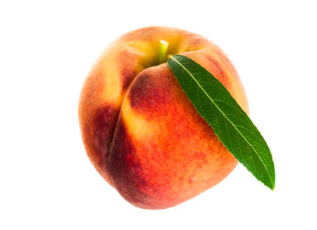 Peach with green leaf isolated on white backgroundの写真素材