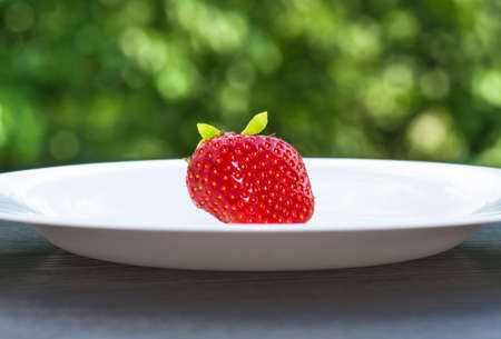 Fresh ripe red organic strawberries closeup on a white plate on a green natural backgroundの写真素材