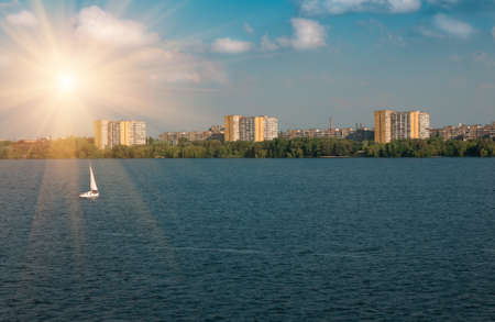 Residential many storeys houses near the river city dnepr, nature backgroundの写真素材