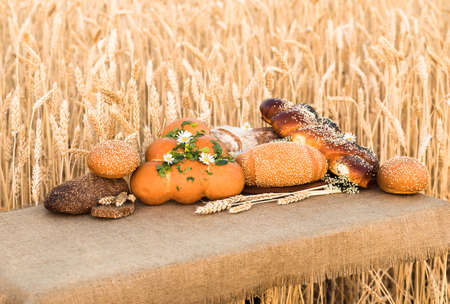 Bakery products lying on a table in front of a wheat field, closeupの写真素材