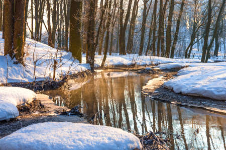 River flowing through the snow-covered forest at sunsetの写真素材
