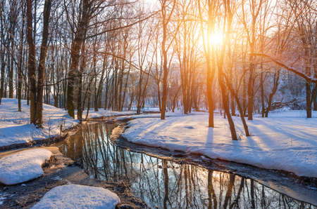 River flowing through the snow-covered forest at sunsetの写真素材