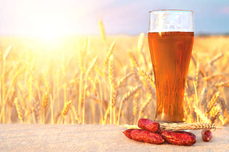 Beer and meat snack. Smoked sausageand a glass of beer on a table in a wheat field against on skyの写真素材