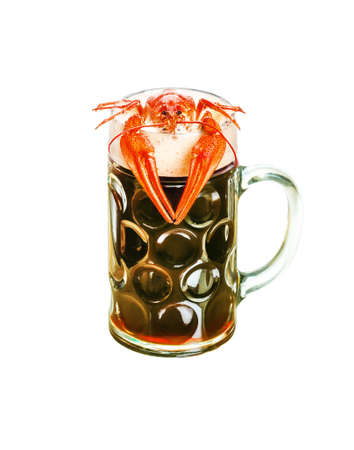 crawfish with dark beer isolated on white background. Beer brewery concept. Beer background