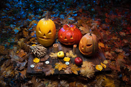 Halloween pumpkin with candle closeup in dark forest. Halloween festive background.の写真素材