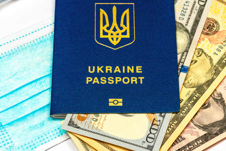 Ukrainian biometric   vaccination passport, protective mask amd money on whiteの写真素材