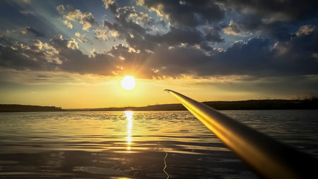 Early morning fishing. Fishing gear closeup on the river during sunset against the cloudy sky
