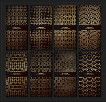 Set of Vintage seamless damask pattern and elegant floral elements in dark black and gold.のイラスト素材