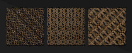 Set of Vintage seamless damask pattern and elegant floral elements in dark black and gold.
