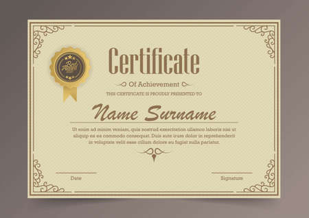 Certificate of achievement template in vector with applied Thai line in yellow gold tone - Vectorのイラスト素材