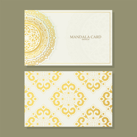Luxury business card and vintage ornament logo vector template. Retro elegant flourishes ornamental frame design and pattern background.のイラスト素材
