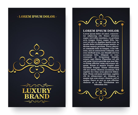 Luxury Gold business card and vintage ornament logo vector template. Retro elegant flourishes ornamental frame design with pattern backgroundのイラスト素材