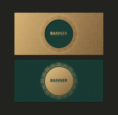 Two stylish banners with intricate ornamental patterns. One banner features a gold and dark green color schemeのイラスト素材