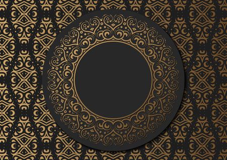 Ornate Decorative Round Frame with Golden Pattern on Dark Backgroundのイラスト素材