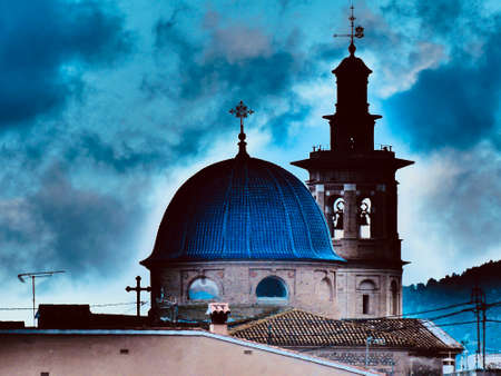 View of the church tower in Xaloの写真素材