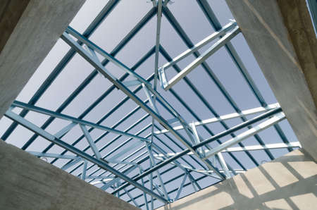 Structure of steel roof frame for building construction.