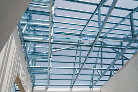 Structure of steel roof frame for building construction.