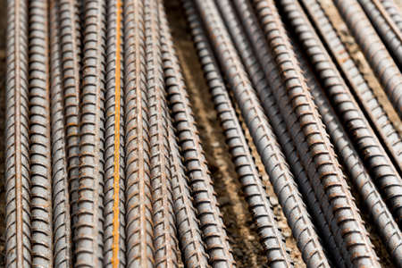 Steel rods or bars used to reinforce concrete in construction.の写真素材