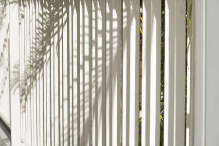 Light and shadows of trees projected onto the white irons bar  fence.